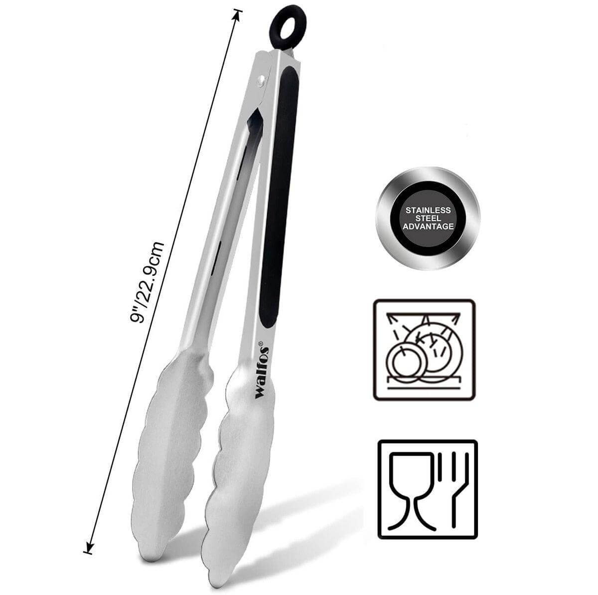 Extra Long Stainless Steel Tongs measuring 9 inches with a non-slip silicone handle for BBQ and grilling.