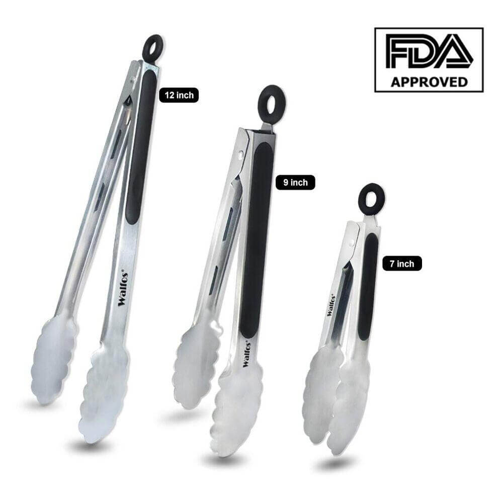 Extra Long Stainless Steel Tongs in three sizes: 12 inch, 9 inch, and 7 inch for grilling and cooking.