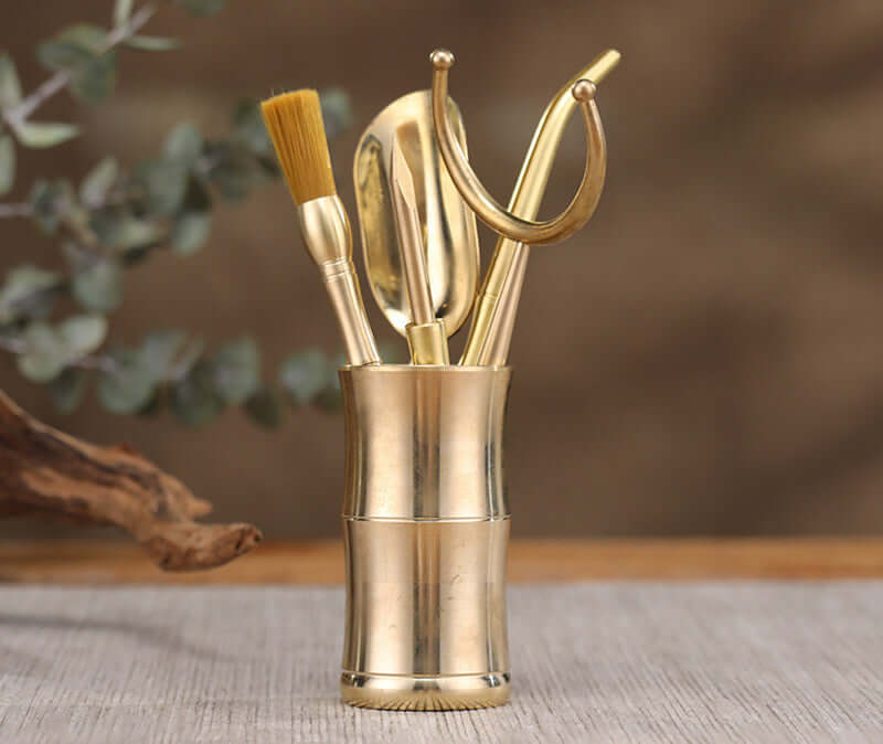 Pure Copper Incense Set For Household Appliances, featuring assorted tools in a golden tool holder.