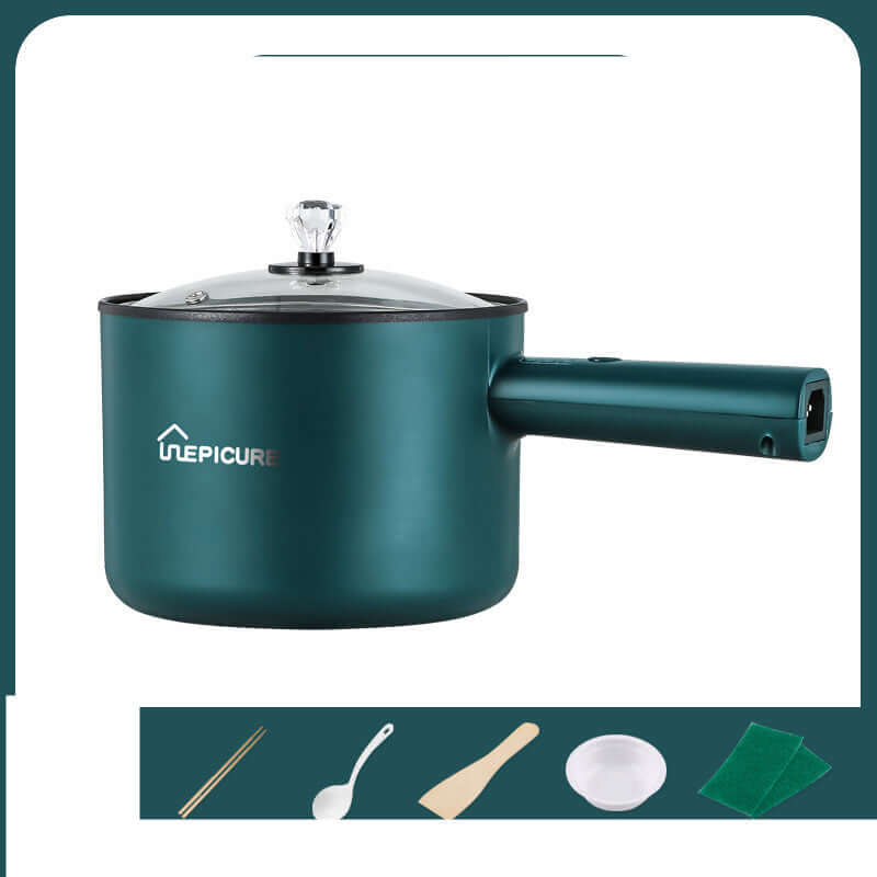 Emerald green electric cooker for dormitory cooking with a glass lid and ergonomic handle.