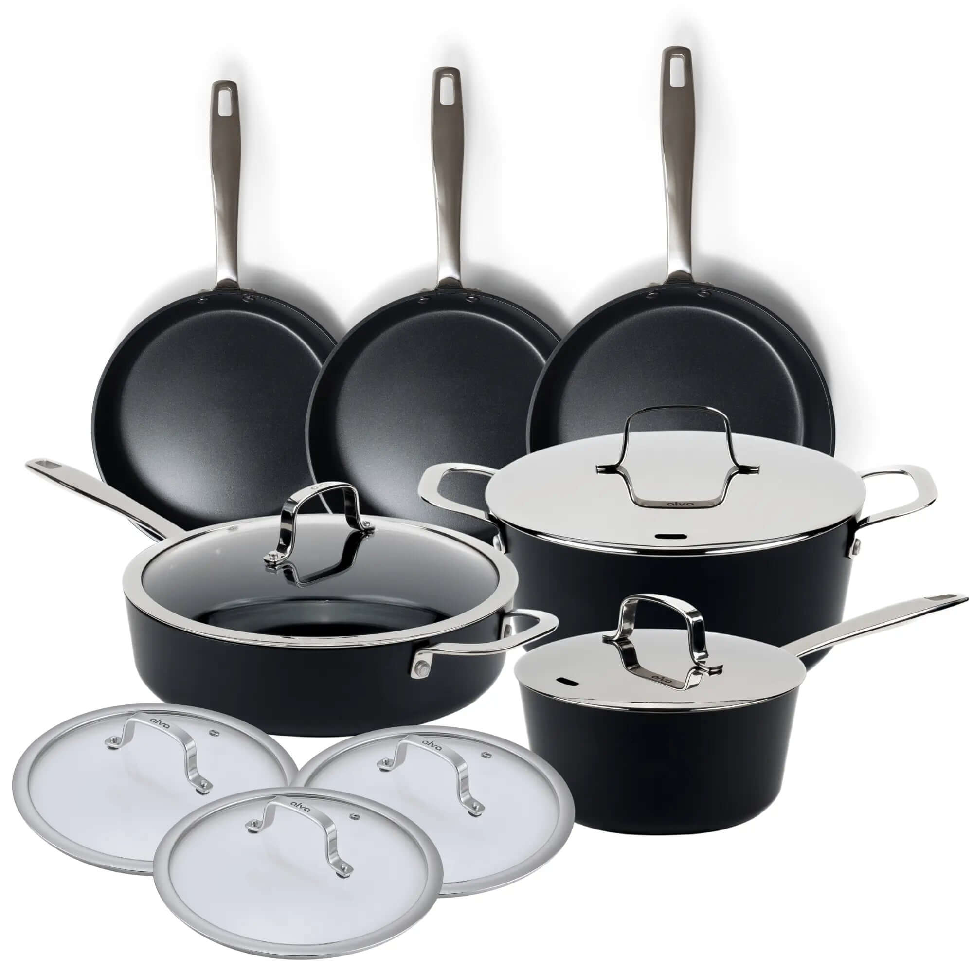 Ceramic Nonstick 12-Piece Set featuring frying pans, pots, and lids for non-toxic cooking.