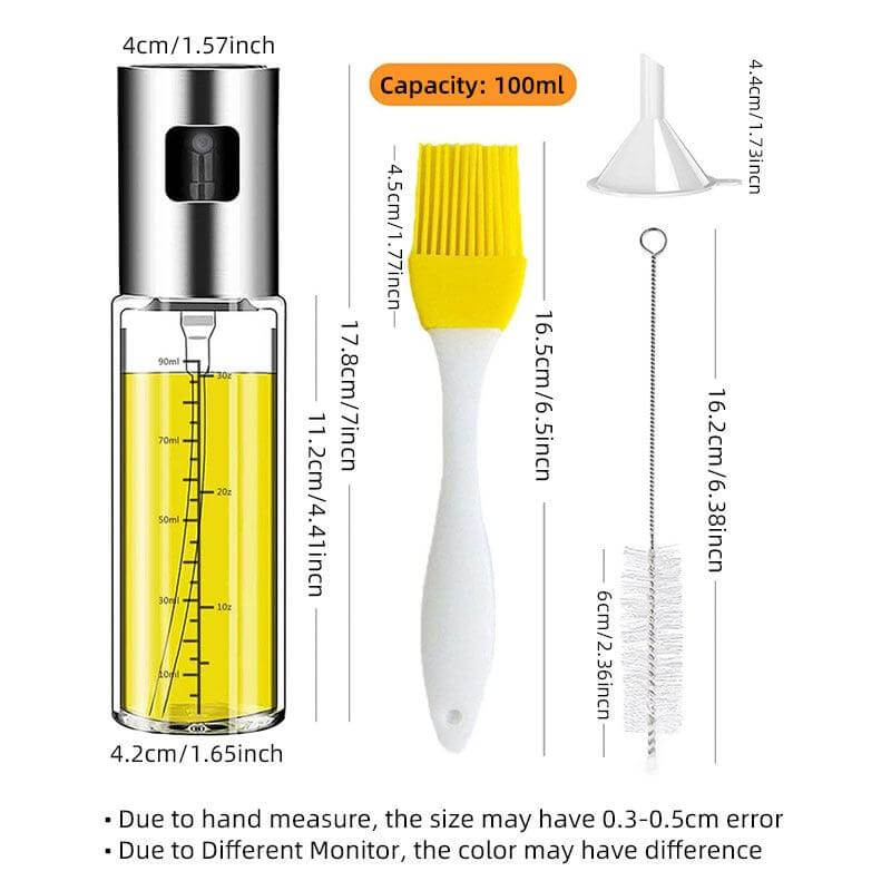 Oil Spray Bottle with measurement details, showcasing capacity of 100ml and included brush and funnel.