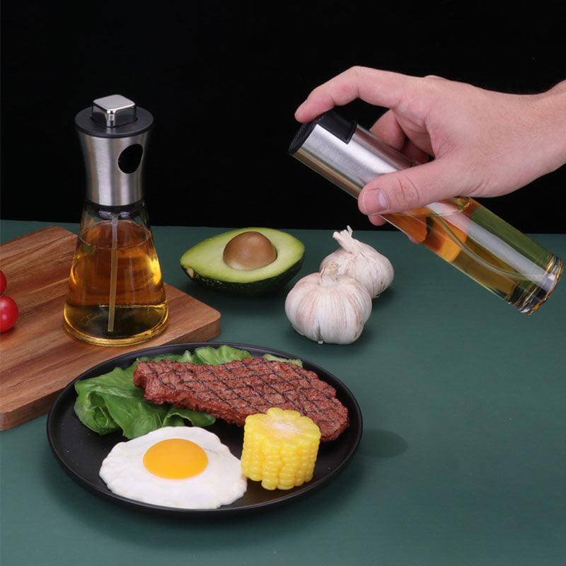 Oil Spray Bottle for evenly misting oils on meals like steak, eggs, and vegetables for healthier cooking.
