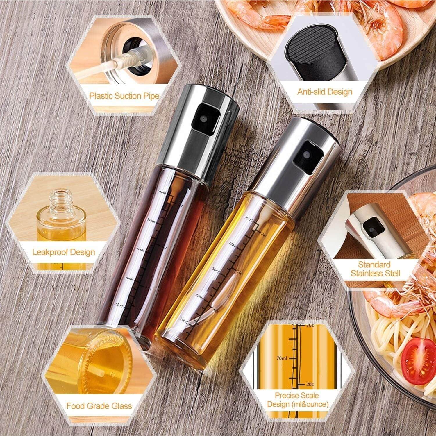 Oil Spray Bottle featuring leakproof design, food grade glass, and anti-slip nozzle for controlled oil dispensing.