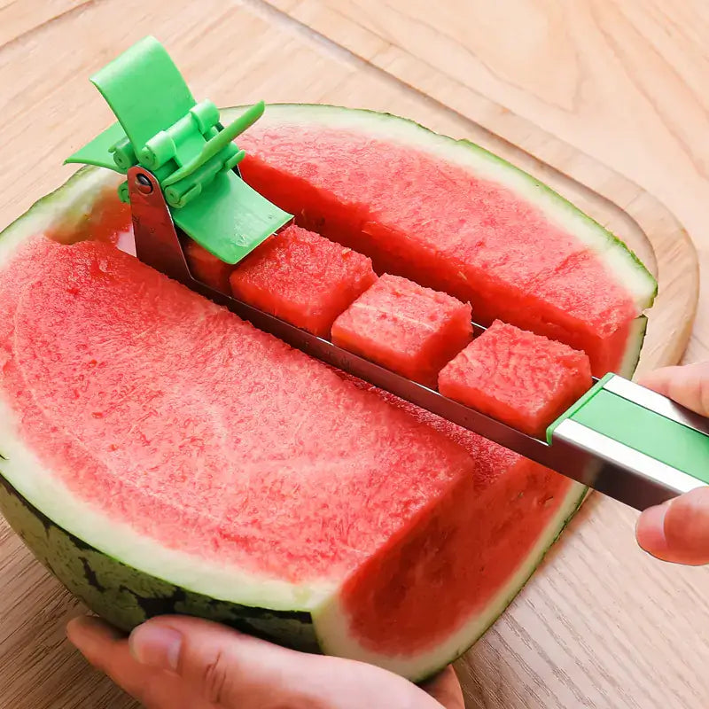 Watermelon Cutter slicing uniform pieces from a ripe watermelon on a cutting board.