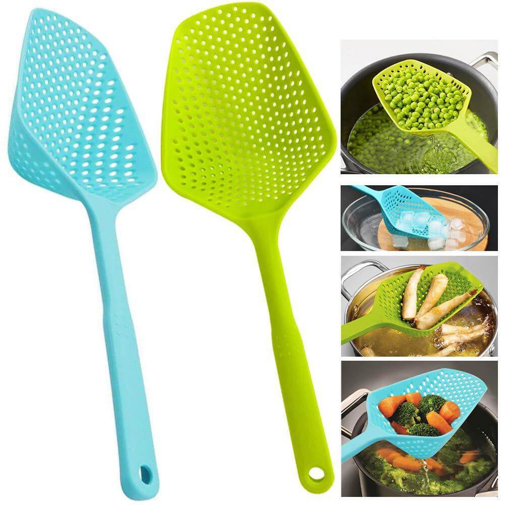 Colorful Nylon Strainer/Colander in blue and green for cooking and draining food efficiently.