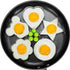 5Pcs stainless steel egg mold set shaped eggs in heart, star, flower, and round designs in frying pan.