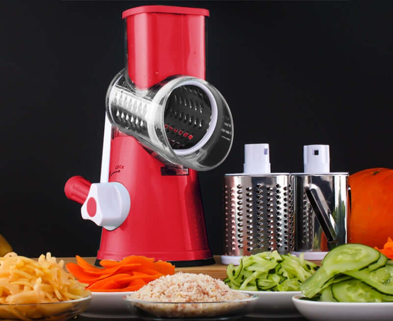 Manual Kitchen Accessories Multifunctional Round Mandoline Potato Slicer Vegetable Cutter Slicer Cheese Kitchen Gadgets in red.