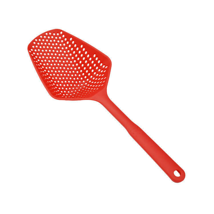 Red Nylon Strainer/Colander for scooping, draining, and serving food in the kitchen.
