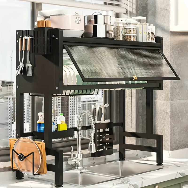 Over Sink Dish Drying Rack 1 Tier Kitchen Organizer Dustproof Storage Shelf